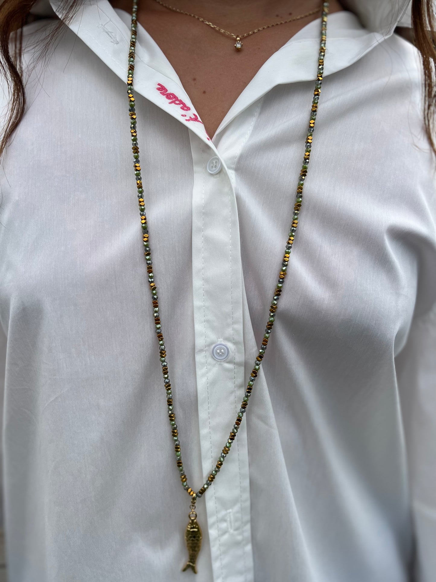 Collier sautoir Poisson kaki